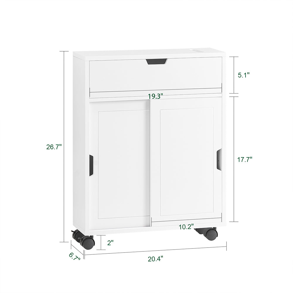 SoBuy BZR31-W Dulap de baie îngust cu roți – Mobilier de baie cu uși glisante – Dulap lateral versatil pentru spații mici, 52 x 68 x 17 cm, Alb