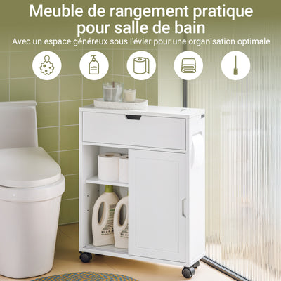 SoBuy BZR31-W Dulap de baie îngust cu roți – Mobilier de baie cu uși glisante – Dulap lateral versatil pentru spații mici, 52 x 68 x 17 cm, Alb