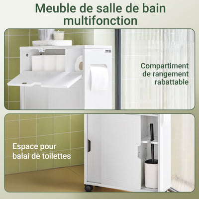 SoBuy BZR31-W Dulap de baie îngust cu roți – Mobilier de baie cu uși glisante – Dulap lateral versatil pentru spații mici, 52 x 68 x 17 cm, Alb
