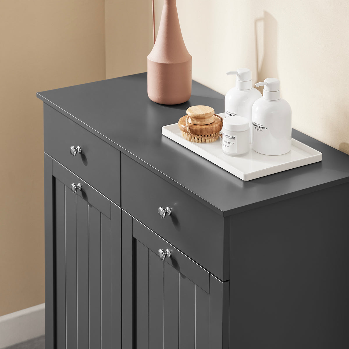 SoBuy BZR33-II-DG Meuble Salle de Bain avec Panier à Linge, 2 Tiroirs, Grande Capacité, pour Salle de Bain et WC, Rangement Optimisé – L78×P38×H90 cm, Gris