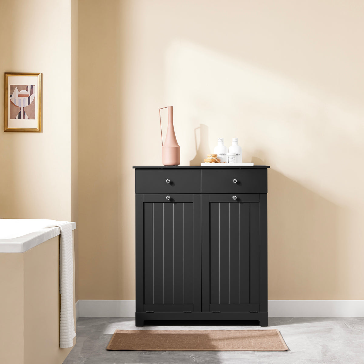 SoBuy BZR33-II-SCH Dulap de baie cu coș de rufe, Dulap de depozitare cu 2 sertare și saci de rufe de mare capacitate, Ideal pentru baie, spălătorie, apartament L78xP38xH91cm, negru