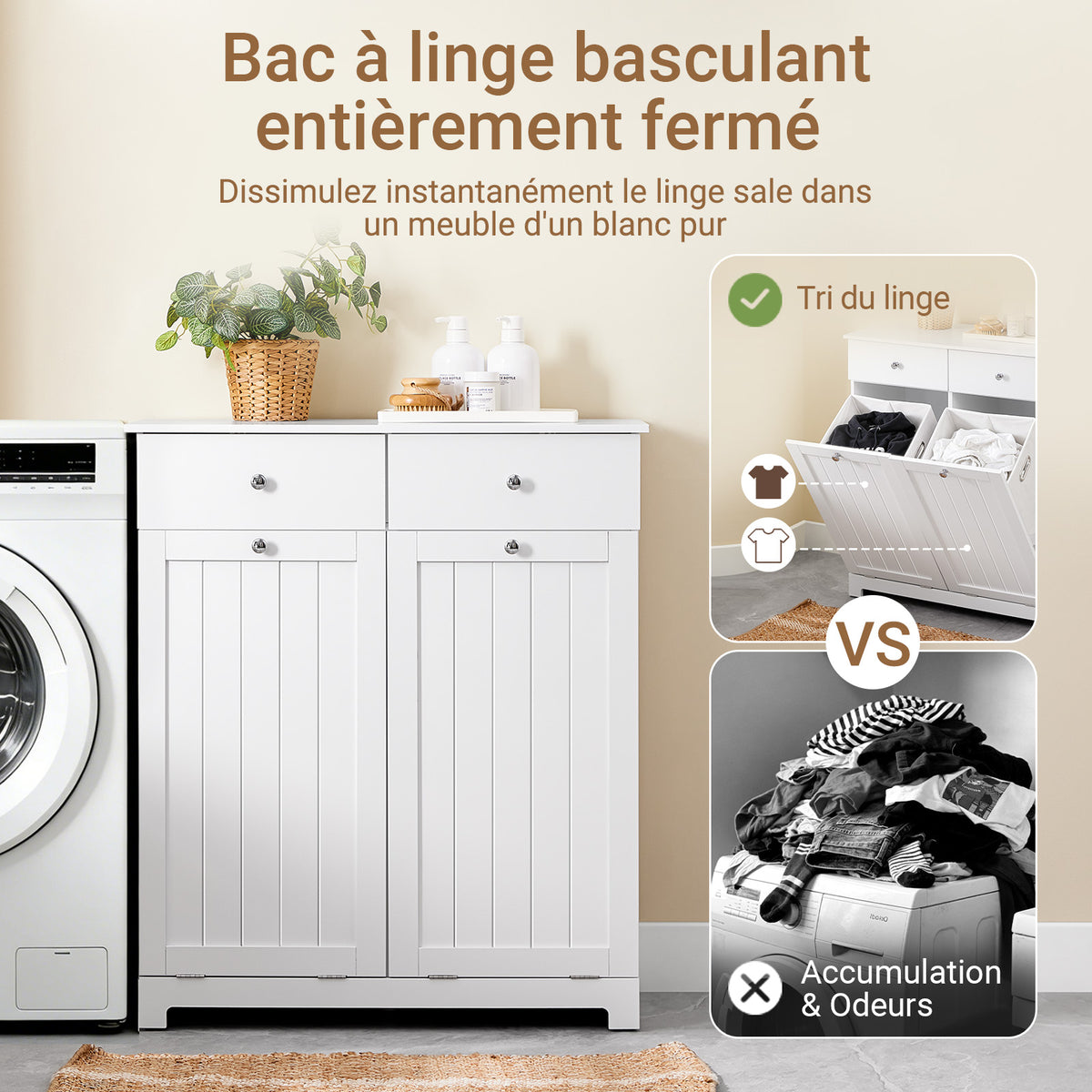SoBuy BZR33-II-W Mobilier de Baie cu Coș de Rufe, Dulap de Toaletă cu 2 Sertare și Saci de Rufe de Capacitate Mare, Dulap Robust din Lemn pentru Rufe, Alb, L78xP38xH90cm