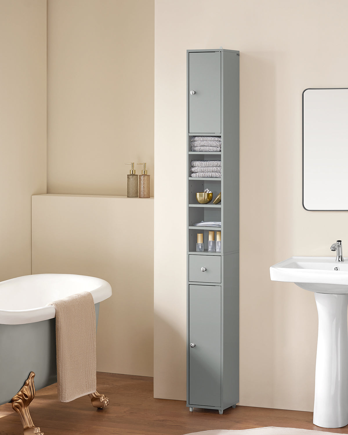 SoBuy BZR34-HG Dulap-coloană înalt de baie cu 1 sertar, 2 uși și 5 compartimente