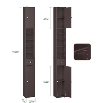 SoBuy BZR34-II-BR Dulap de baie ultra-îngust, maro, 20x20cm, 1 sertar, 2 uși, 5 compartimente, rafturi reglabile, rezistent la umiditate, 25kg – 20x20x180 cm