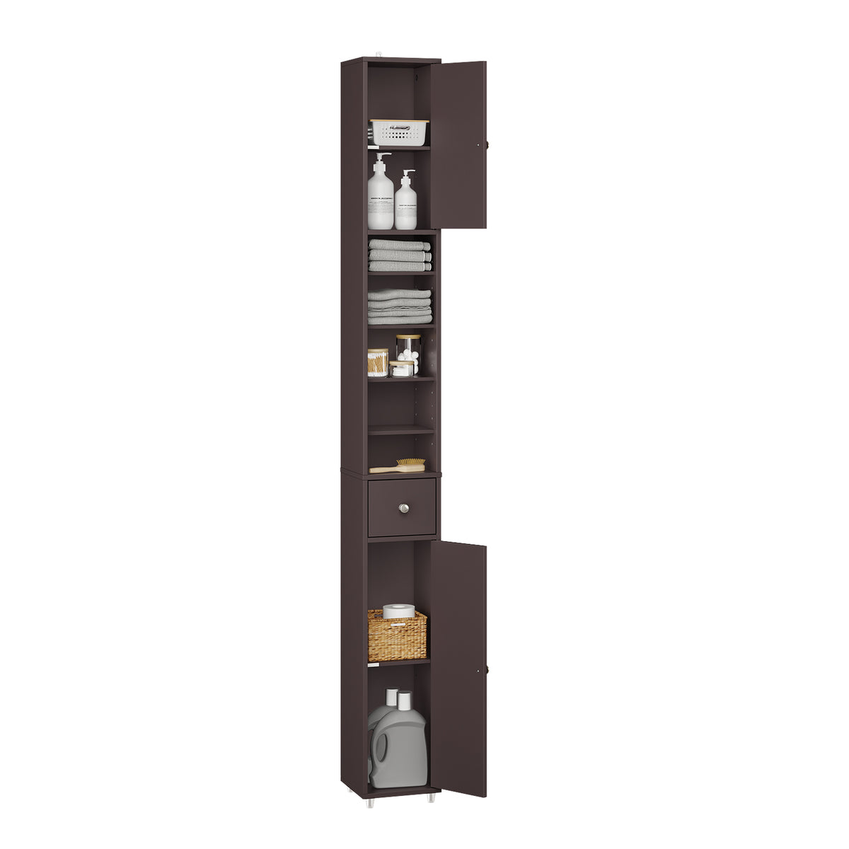 SoBuy BZR34-II-BR Colonne Salle de Bain Ultra-Étroite 20×20×180 cm – 1 Tiroir, 2 Portes, 5 Compartiments, Brun