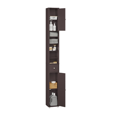 SoBuy BZR34-II-BR Colonne Salle de Bain Ultra-Étroite 20×20×180 cm – 1 Tiroir, 2 Portes, 5 Compartiments, Brun