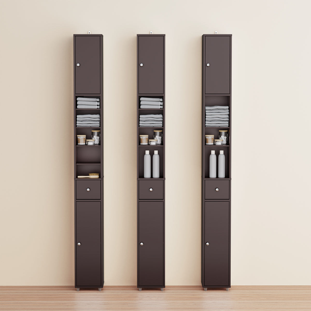 SoBuy BZR34-II-BR Dulap de baie ultra-îngust, maro, 20x20cm, 1 sertar, 2 uși, 5 compartimente, rafturi reglabile, rezistent la umiditate, 25kg – 20x20x180 cm