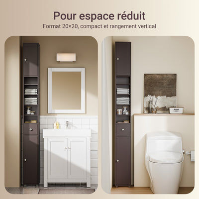 SoBuy BZR34-II-BR Dulap de baie ultra-îngust, maro, 20x20cm, 1 sertar, 2 uși, 5 compartimente, rafturi reglabile, rezistent la umiditate, 25kg – 20x20x180 cm
