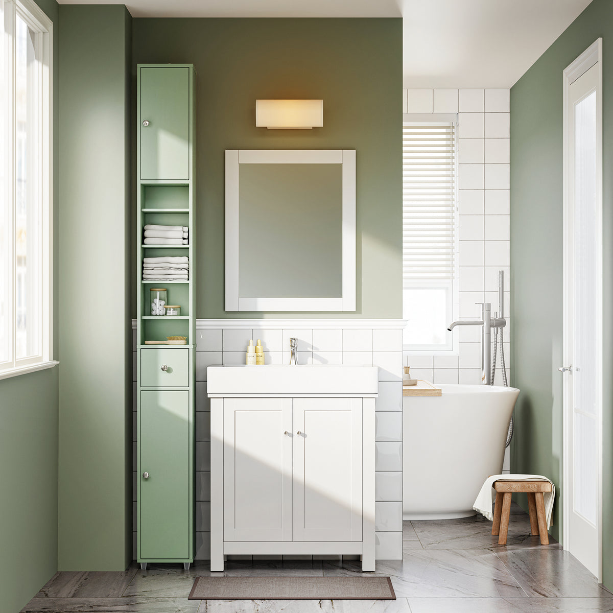 SoBuy BZR34-II-GR Dulap înalt de baie, dulap de depozitare îngust cu sertar și rafturi reglabile - Dulap de baie compact pentru WC, spații mici - Verde deschis, MDF, 20x20x180cm