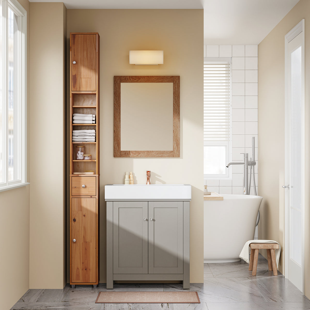 SoBuy BZR34-II-SH Coloană de baie ultra-îngustă din pin masiv, 4 rafturi reglabile și 1 sertar, anti-răsturnare, 25 kg – 20x20x180 cm, Culoare Lemn