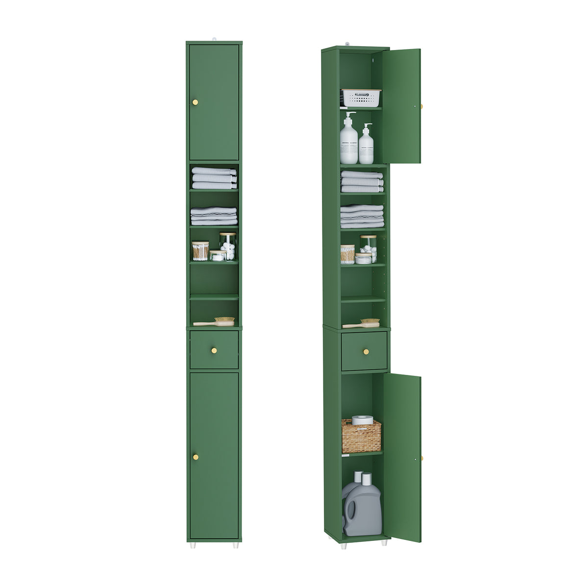 SoBuy BZR34-II-SY Colonne Salle de Bain Vert Foncé 180 cm Ultra-Slim 20 cm avec Tiroir et Étagères Réglables – Anti-Humidité,