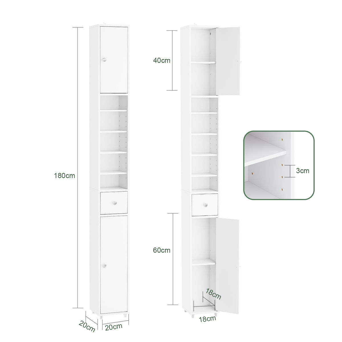 SoBuy BZR34-II-W Coloană de baie 20 cm - Dulap de depozitare îngust cu sertar și rafturi reglabile - Dulap de baie compact pentru WC, spații mici, MDF, Alb, 20x20x180cm