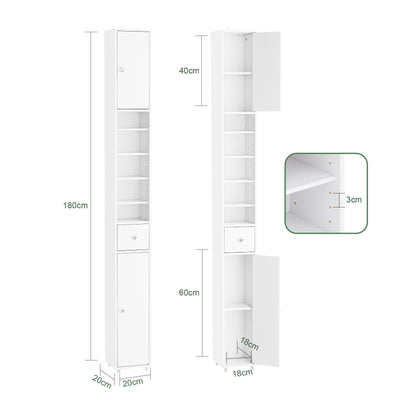 SoBuy BZR34-II-W Coloană de baie 20 cm - Dulap de depozitare îngust cu sertar și rafturi reglabile - Dulap de baie compact pentru WC, spații mici, MDF, Alb, 20x20x180cm