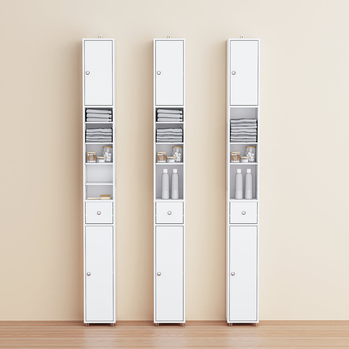 SoBuy BZR34-II-W Coloană de baie 20 cm - Dulap de depozitare îngust cu sertar și rafturi reglabile - Dulap de baie compact pentru WC, spații mici, MDF, Alb, 20x20x180cm