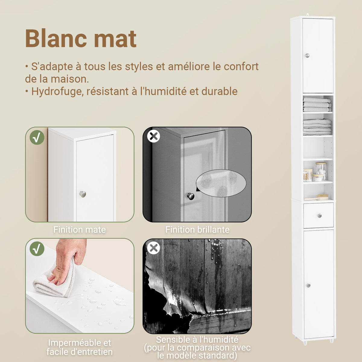 SoBuy BZR34-II-W Coloană de baie 20 cm - Dulap de depozitare îngust cu sertar și rafturi reglabile - Dulap de baie compact pentru WC, spații mici, MDF, Alb, 20x20x180cm