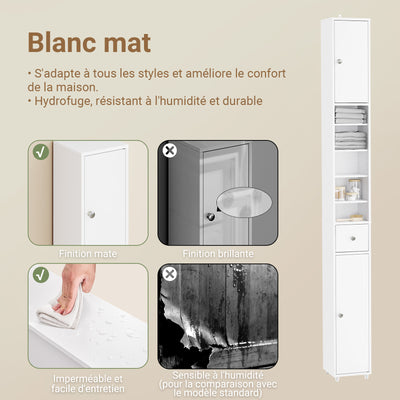SoBuy BZR34-II-W Coloană de baie 20 cm - Dulap de depozitare îngust cu sertar și rafturi reglabile - Dulap de baie compact pentru WC, spații mici, MDF, Alb, 20x20x180cm