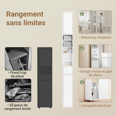 SoBuy BZR34-II-W Coloană de baie 20 cm - Dulap de depozitare îngust cu sertar și rafturi reglabile - Dulap de baie compact pentru WC, spații mici, MDF, Alb, 20x20x180cm