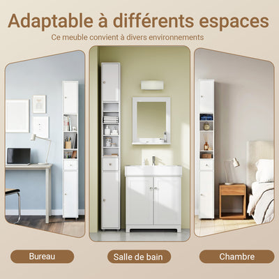 SoBuy BZR34-II-W Coloană de baie 20 cm - Dulap de depozitare îngust cu sertar și rafturi reglabile - Dulap de baie compact pentru WC, spații mici, MDF, Alb, 20x20x180cm