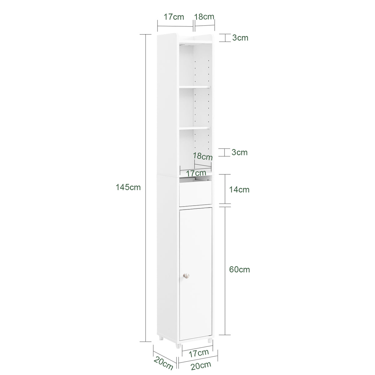 SoBuy BZR34-K-W Dulap de Baie Coloană de Depozitare Mobilier Înalt, Îngust, cu Ușă și Sertar, Rezistent la Umiditate - Depozitare Compactă pentru Toaletă și WC 20x20x145cm