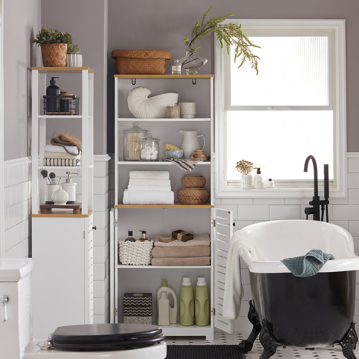 SoBuy BZR44-W Meuble Colonne de Salle de Bain Armoire Haute Meuble de Rangement avec 3 Etagères et 2 Portes persiennes