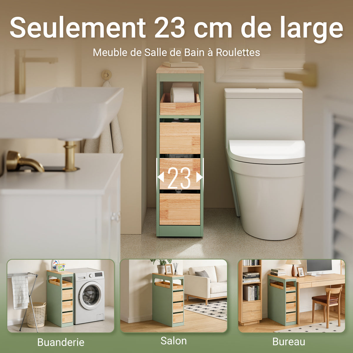 SoBuy BZR54-II-GR Dulap de baie cu roți, verde și lemn de hevea, 3 sertare și nișă deschisă, subțire 23cm, 40kg – 65x23x82 cm