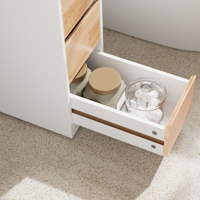 Precomandă SoBuy BZR54-IV-WN Dulap Baie Tip Coloană, Dulap Baie Mic, Compact cu Roți, Sertare și Separatoare, Alb 65x23x82cm