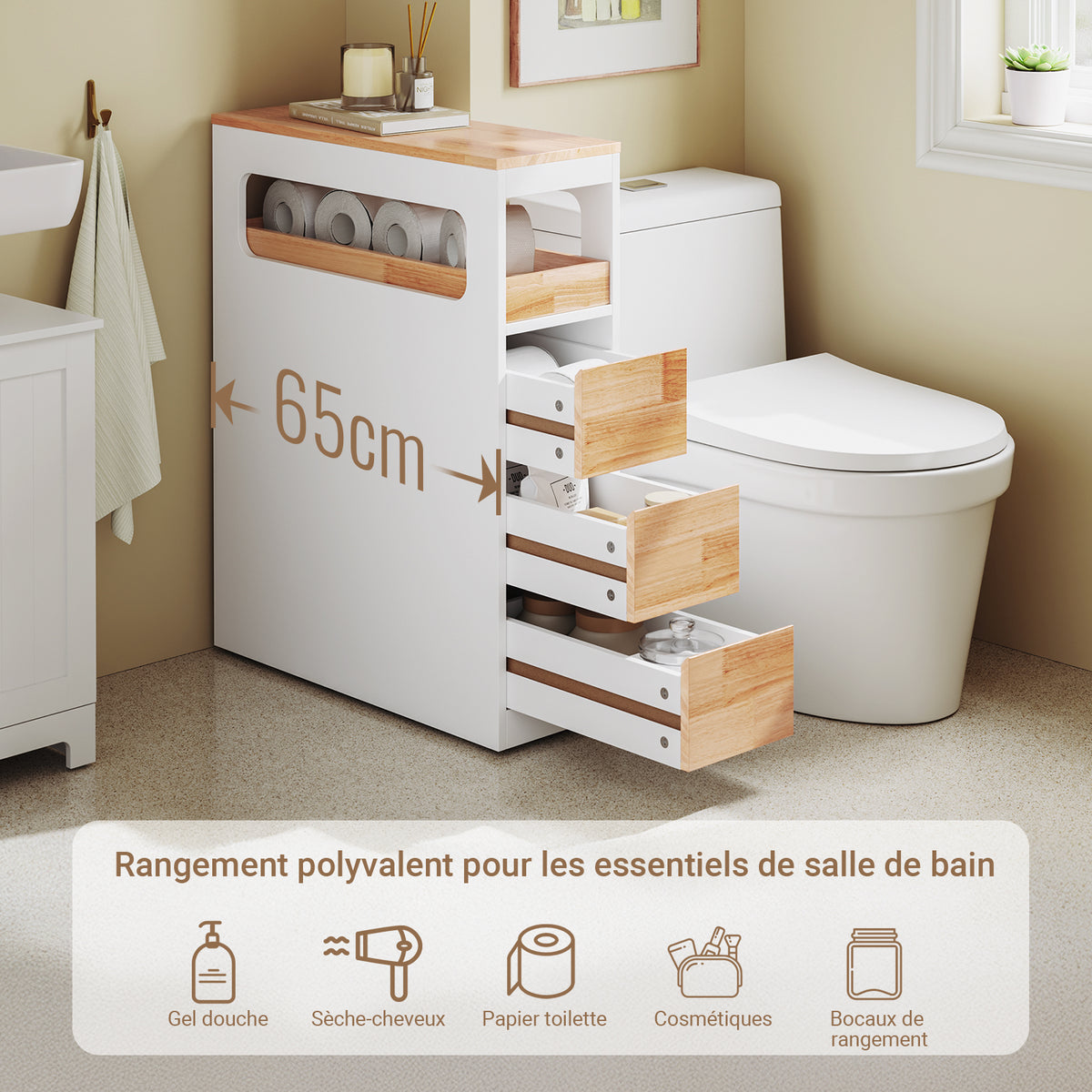 Precomandă SoBuy BZR54-IV-WN Dulap Baie Tip Coloană, Dulap Baie Mic, Compact cu Roți, Sertare și Separatoare, Alb 65x23x82cm