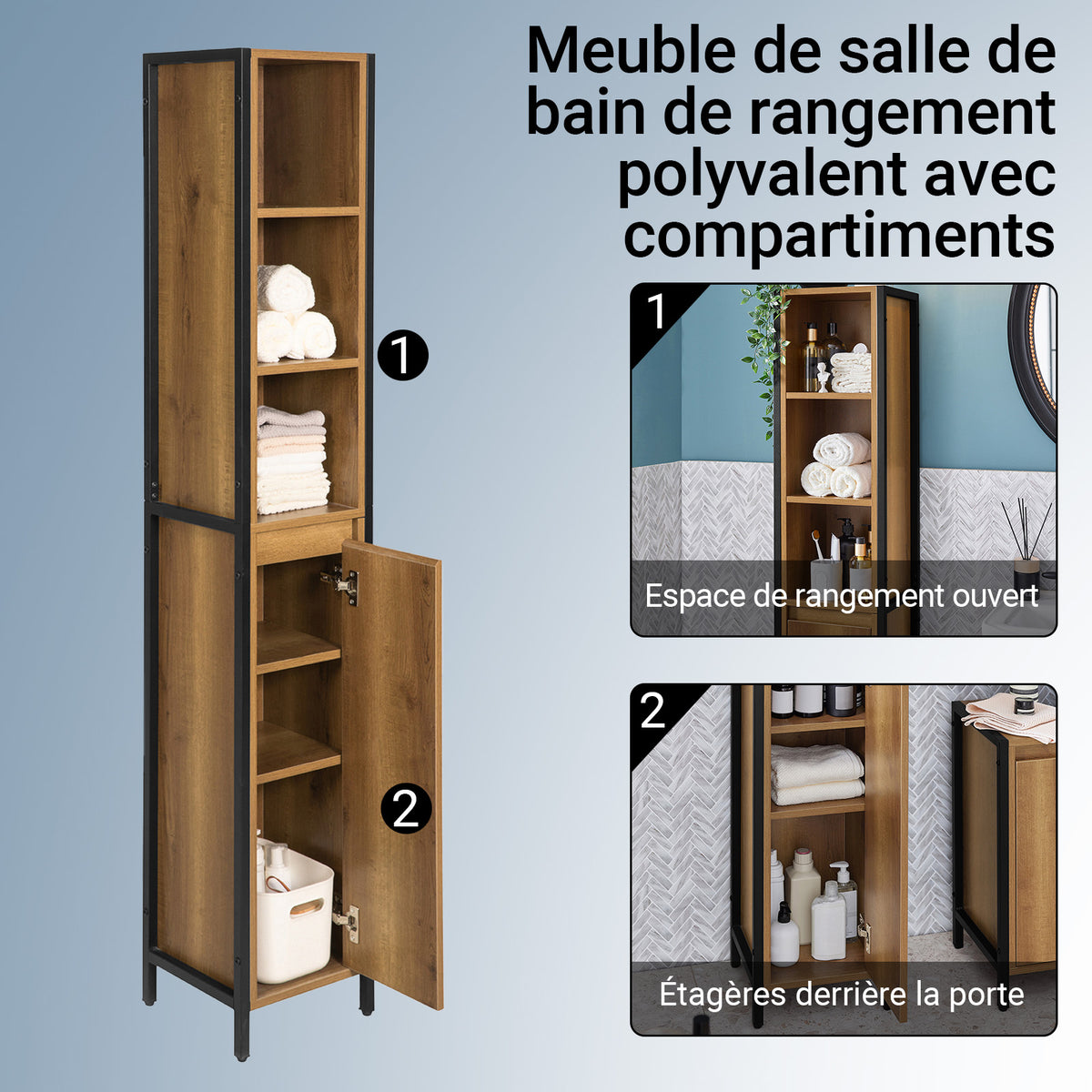 SoBuy BZR62-PF Colonne Salle de Bain avec 3 Compartiments Ouverts et 1 Porte, Gain de Place, Style Industriel, pour Salle de Bain et WC – L30×P28×H168 cm