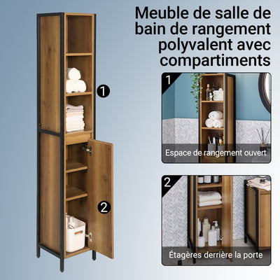 SoBuy BZR62-PF Colonne Salle de Bain avec 3 Compartiments Ouverts et 1 Porte, Gain de Place, Style Industriel, pour Salle de Bain et WC – L30×P28×H168 cm