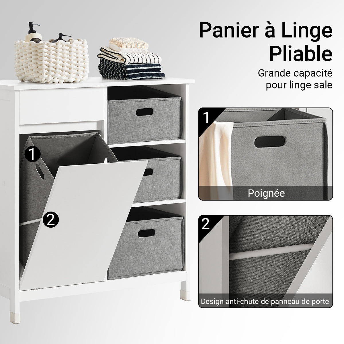 SoBuy BZR77-W Meuble de Salle de Bain avec Paniers à Linge, Armoire à Linge avec 3 Paniers et Tiroir, Armoire de Salle de Bain en Bois, Corbeille à Linge, Blanc, 80x91x38cm
