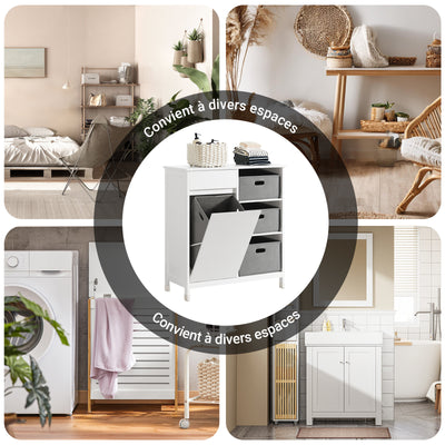SoBuy BZR77-W Meuble de Salle de Bain avec Paniers à Linge, Armoire à Linge avec 3 Paniers et Tiroir, Armoire de Salle de Bain en Bois, Corbeille à Linge, Blanc, 80x91x38cm