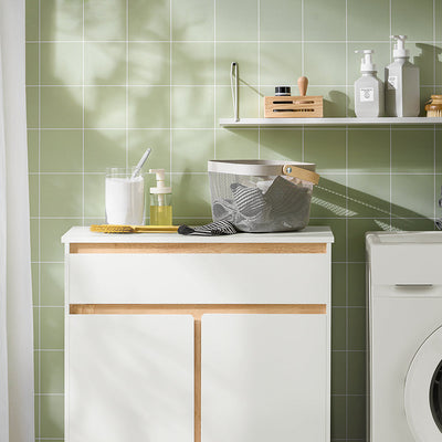 SoBuy BZR79-W Meuble de Salle de Bain avec Panier à Linge Intégré, Tiroir et Double Porte – Blanc et Bois