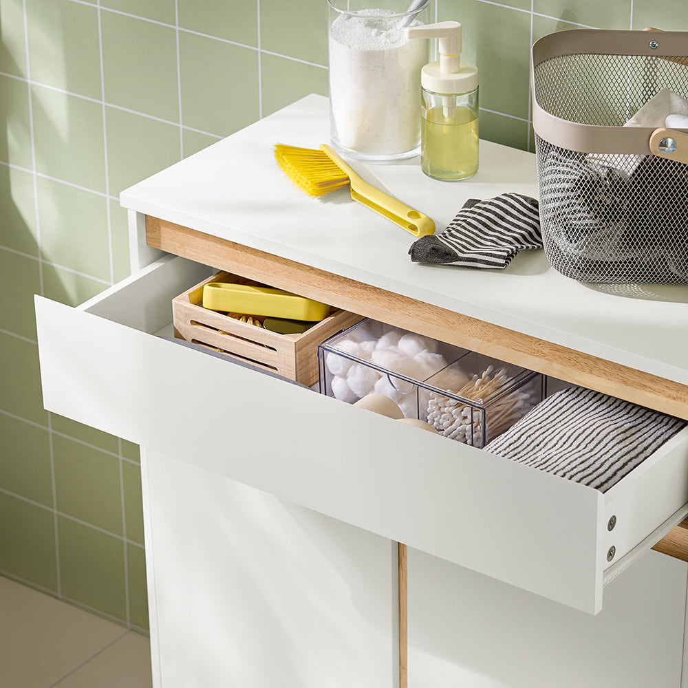 SoBuy BZR79-W Meuble de Salle de Bain avec Panier à Linge Intégré, Tiroir et Double Porte – Blanc et Bois