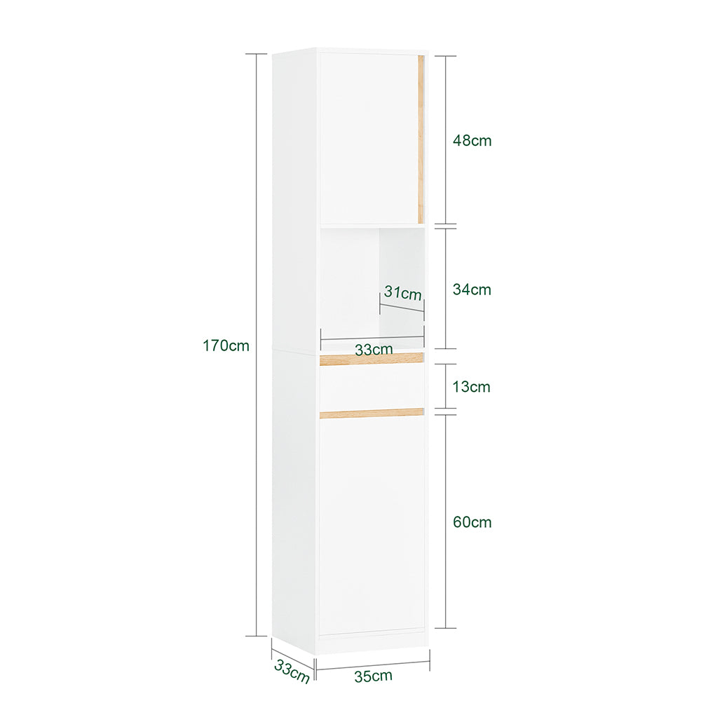 SoBuy BZR80-W Coloană de Baie Salvează Spațiu cu Sertar și Uși, Dulap de Depozitare Baie cu Etajeră Deschisă, Alb 35×33×170 cm