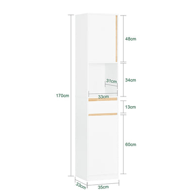 SoBuy BZR80-W Coloană de Baie Salvează Spațiu cu Sertar și Uși, Dulap de Depozitare Baie cu Etajeră Deschisă, Alb 35×33×170 cm