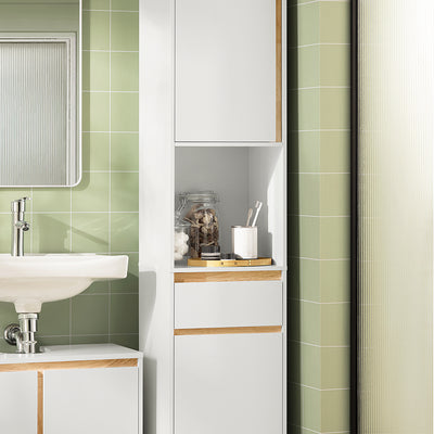 SoBuy BZR80-W Coloană de Baie Salvează Spațiu cu Sertar și Uși, Dulap de Depozitare Baie cu Etajeră Deschisă, Alb 35×33×170 cm