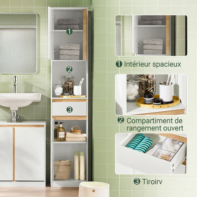 SoBuy BZR80-W Coloană de Baie Salvează Spațiu cu Sertar și Uși, Dulap de Depozitare Baie cu Etajeră Deschisă, Alb 35×33×170 cm
