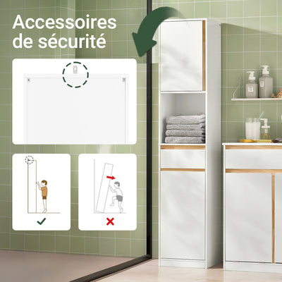 SoBuy BZR80-W Coloană de Baie Salvează Spațiu cu Sertar și Uși, Dulap de Depozitare Baie cu Etajeră Deschisă, Alb 35×33×170 cm