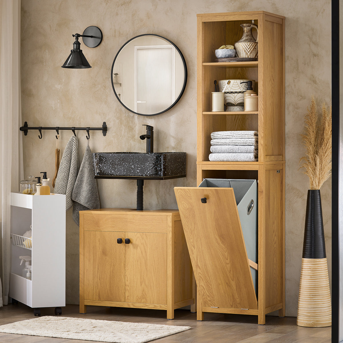 SoBuy BZR95-SN Meuble Colonne de Salle de Bain, Armoire Haute,  avec 1 Panier à Linge et 3 Étagères