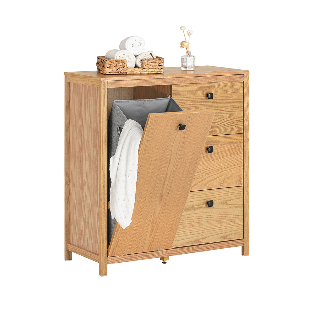 SoBuy BZR97-N Armoire à Linge avec Sac à Linge, Meuble Bas, Commode, Armoire Toilette avec 3 Tiroirs et 1 Panier à Linge
