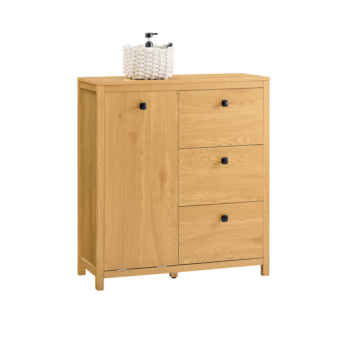 SoBuy BZR97-SN Armoire à Linge avec Sac à Linge, Meuble Bas de Salle de Bain, Armoire Toilette avec 3 Tiroirs et 1 Panier à L