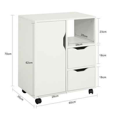 SoBuy FBT105-W Caisson d’Imprimante Mobile avec Roulettes, 2 Tiroirs et 1 Compartiment Ouvert, Rangement Optimisé, Design Fonctionnel – L60×P35×H70 cm, Blanc