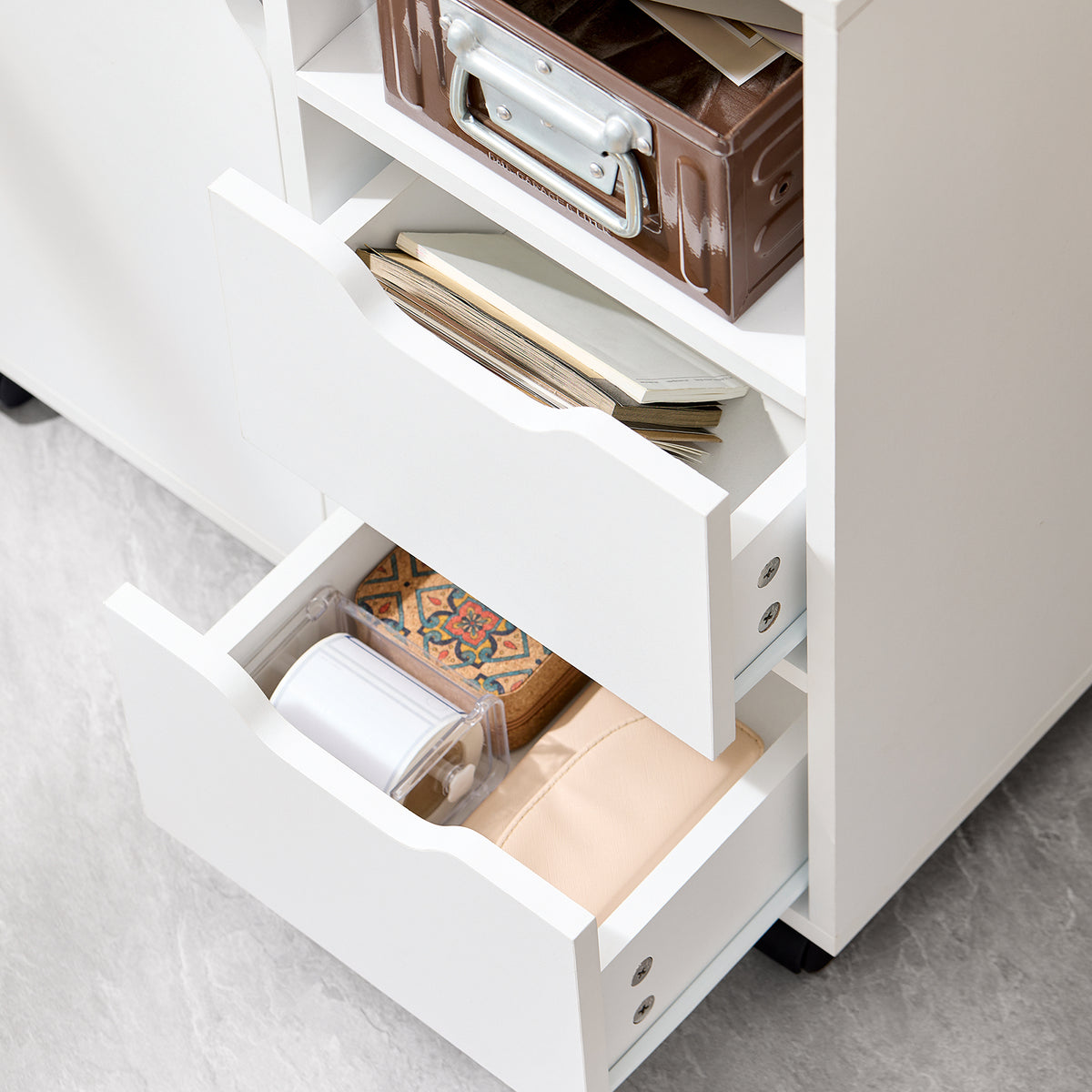 SoBuy FBT105-W Caisson d’Imprimante Mobile avec Roulettes, 2 Tiroirs et 1 Compartiment Ouvert, Rangement Optimisé, Design Fonctionnel – L60×P35×H70 cm, Blanc
