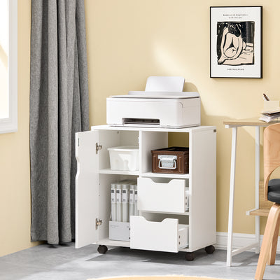 SoBuy FBT105-W Caisson d’Imprimante Mobile avec Roulettes, 2 Tiroirs et 1 Compartiment Ouvert, Rangement Optimisé, Design Fonctionnel – L60×P35×H70 cm, Blanc