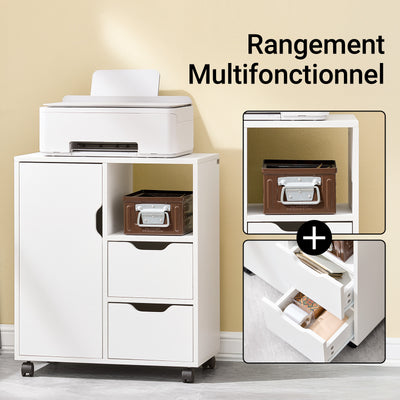 SoBuy FBT105-W Caisson d’Imprimante Mobile avec Roulettes, 2 Tiroirs et 1 Compartiment Ouvert, Rangement Optimisé, Design Fonctionnel – L60×P35×H70 cm, Blanc