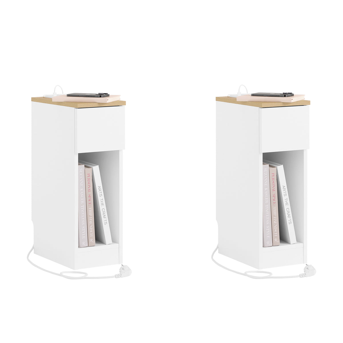 SoBuy FBT111-E-WNx2 Lot de 2 Tables de Chevet Slim 20 cm avec Station de Charge Intégrée, Prise + USB + Type-C, Tiroir et Éta