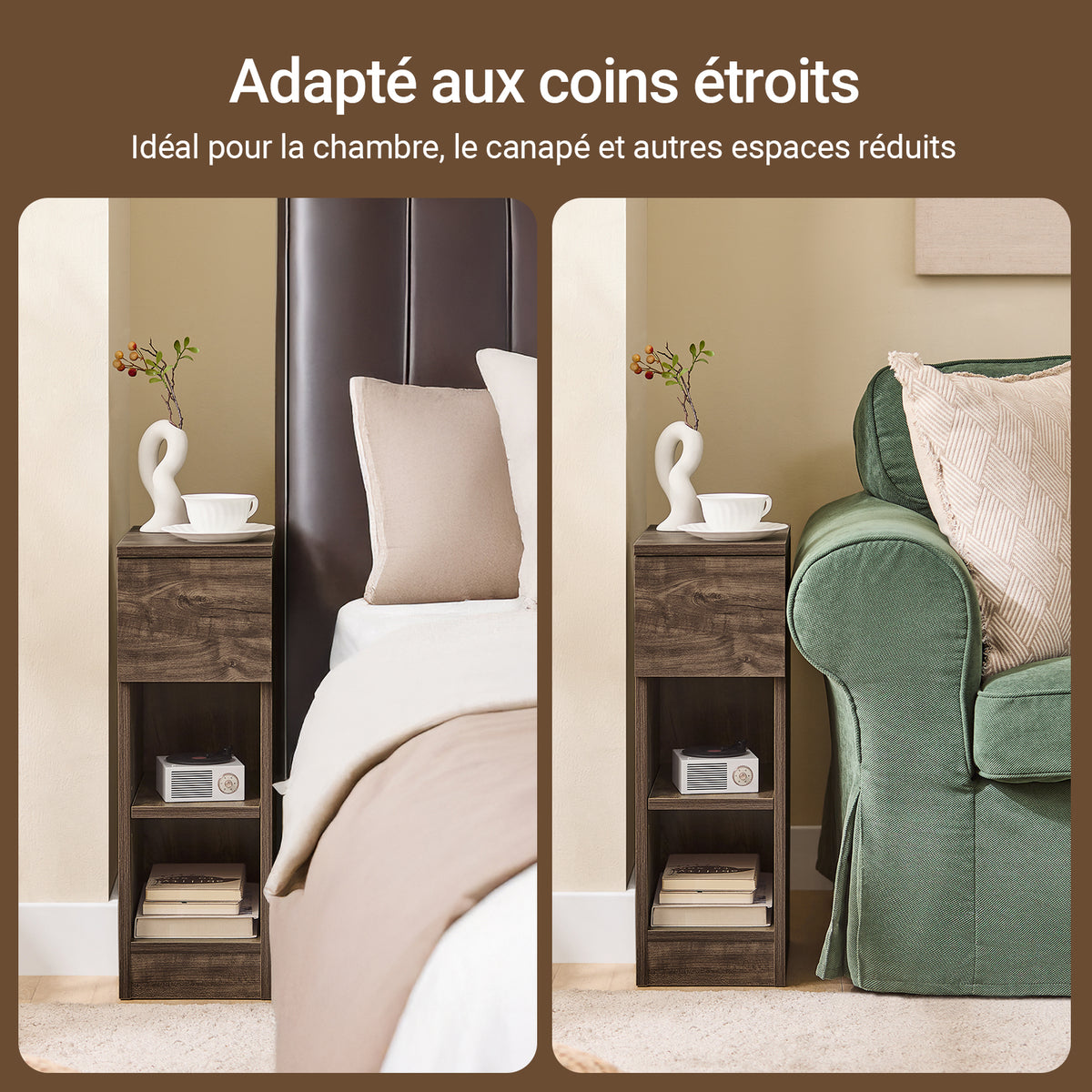 SoBuy FBT111-SN Table de Chevet Slim avec Tiroir et Étagère Réglable – L20×P35×H60 cm, Charge 25 kg, Découpe pour Plinthe, Marron