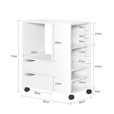 SoBuy FBT129-W Suport Mobil cu 2 Sertare, pentru Imprimantă, Birou Mobil cu Roți, cu Rafturi Deschise pentru Documente Format A4