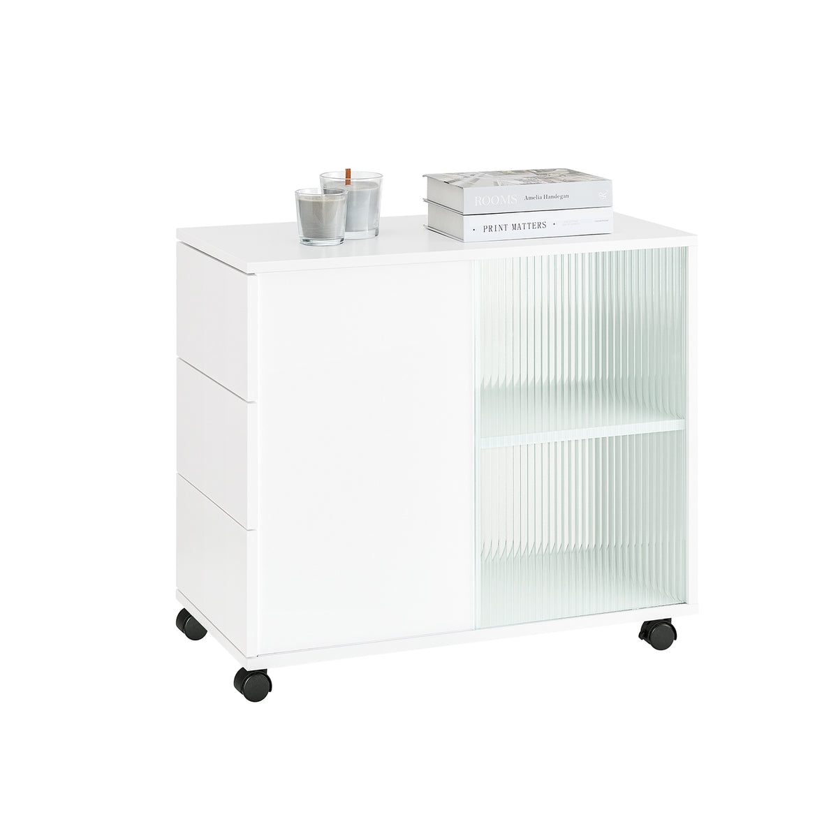 SoBuy FBT141-W Bout de Canapé, Table d'appoint Roulante, Table Basse, Table à Café avec 3 Tiroir, pour Salon, Bureau, Chambre