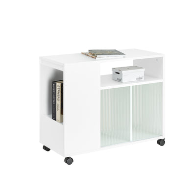 SoBuy FBT142-W Table d’Appoint, Bout de Canapé de Salon,  à roulettes, Chariot de Bureau avec tiroir et Portes en Verre